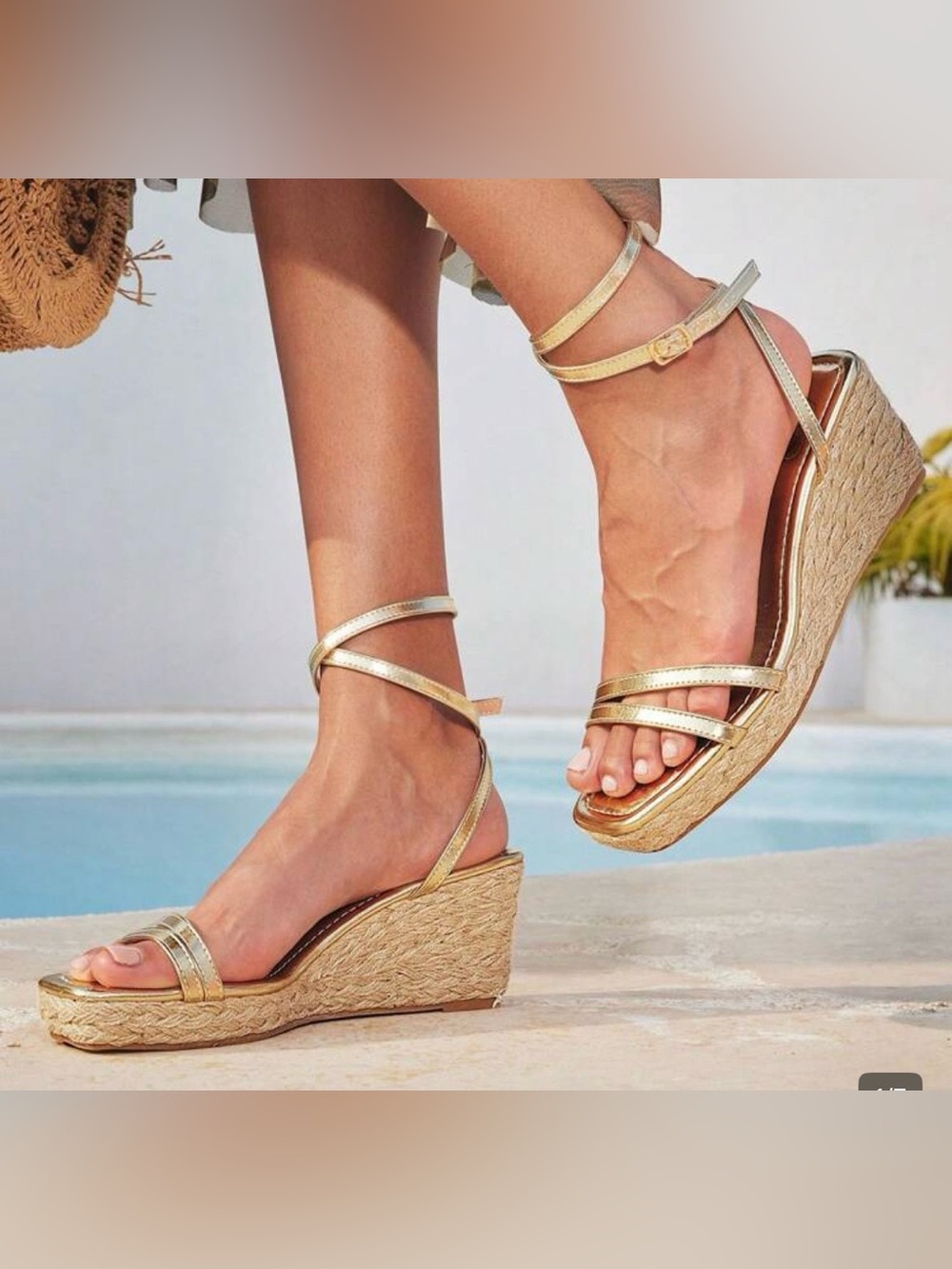 Ankle-Wrap Metallic Gold Espadrille Wedge Sandals